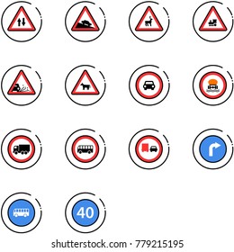 line vector icon set - oncoming traffic vector road sign, steep descent, wild animals, railway intersection, gravel, cow, no car, dangerous cargo, truck, bus, overtake, only right