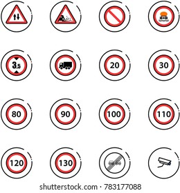 line vector icon set - oncoming traffic vector road sign, gravel, prohibition, no dangerous cargo, limited height, truck, speed limit 20, 30, 80, 90, 100, 110, 120, 130, end overtake