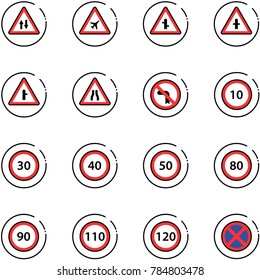 line vector icon set - oncoming traffic vector road sign, airport, intersection, narrows, no left turn, speed limit 10, 30, 40, 50, 80, 90, 110, 120, stop