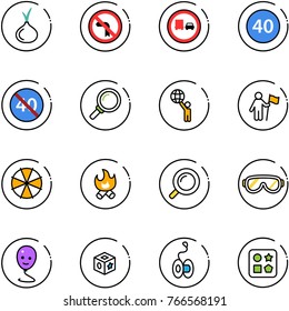 line vector icon set - onion vector, no left turn road sign, truck overtake, minimal speed limit, end, magnifier, world, win, parasol, fire, protective glasses, balloon smile, cube toy, yoyo, hole