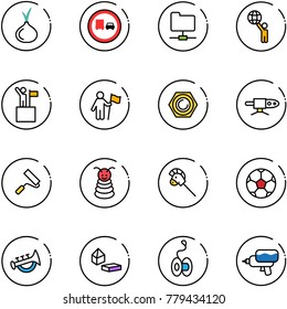 line vector icon set - onion vector, no truck overtake road sign, network folder, world, win, nut, pipe welding, paint roller, pyramid toy, horse stick, soccer ball, horn, constructor blocks, yoyo