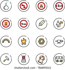 line vector icon set - onion vector, no left turn road sign, dangerous cargo, limited width, cart horse, highlight marker, win, rainbow, fire, nut, pipe welding, paint roller, pyramid toy, teethers