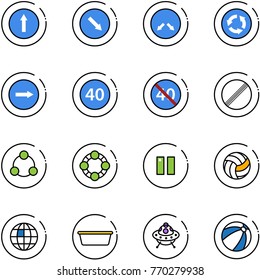 line vector icon set - only forward vector road sign, detour, circle, right, minimal speed limit, end, no, social, friends, pause, volleyball, globe, basin, ufo toy, beach ball