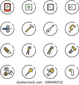 line vector icon set - parking sign vector, safe, steel rolling, mason hammer, chisel, clamp, work knife, plumber, bolt, rivet, wood drill, Angular grinder, allen key