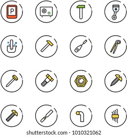 line vector icon set - parking sign vector, safe, work, piston, casting of steel, hammer, chisel, plumber, nail, bolt, nut, screw, rasp, allen key, set