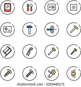 line vector icon set - parking sign vector, spoon and fork, safe, hammer, steel rolling, bucksaw, plumber, nail, screw, Angular grinder, allen key set