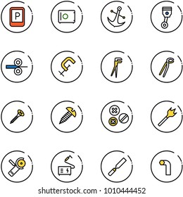 line vector icon set - parking sign vector, safe, anchor, piston, steel rolling, clamp, plumber, screw, rivet, wood drill, Angular grinder, welding, rasp, allen key