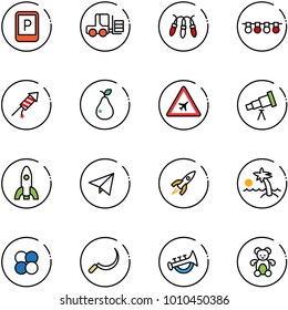 line vector icon set - parking sign vector, fork loader, garland, firework rocket, pear, airport road, telescope, paper fly, palm, atom core, sickle, horn toy, bear