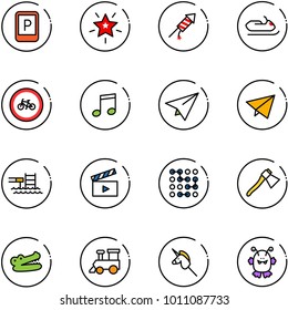 line vector icon set - parking sign vector, christmas star, firework rocket, snowmobile, no bike road, music, paper plane, fly, pool, movie flap, circuit, axe, crocodile, toy train, unicorn stick