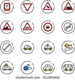 line vector icon set - parking sign vector, giving way road, multi lane traffic, climb, steep roadside, car crash, no, end overtake limit, electric, key hand, baggage, wireless, toy bus