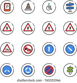line vector icon set - parking sign vector, road cone, disabled, signpost, intersection, side wind, no horn, only forward, detour, circle