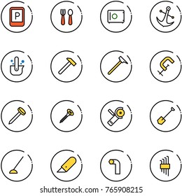 line vector icon set - parking sign vector, spoon and fork, safe, anchor, casting of steel, hammer, mason, clamp, nail, screw, Angular grinder, shovel, hoe, work knife, allen key, set