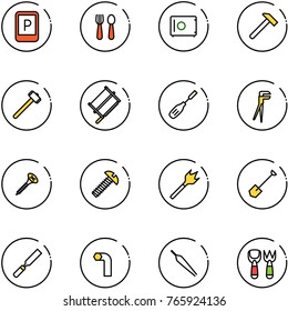 line vector icon set - parking sign vector, spoon and fork, safe, hammer, sledgehammer, bucksaw, chisel, plumber, screw, wood drill, shovel, rasp, allen key, forceps, toy