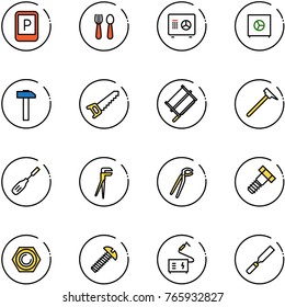 line vector icon set - parking sign vector, spoon and fork, safe, hammer, saw, bucksaw, mason, chisel, plumber, bolt, nut, screw, welding, rasp