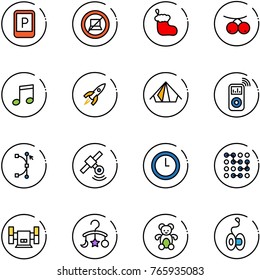 line vector icon set - parking sign vector, no computer, christmas sock, rowanberry, music, rocket, tent, player, bezier, satellite, clock, circuit, sharpening, baby carousel, bear toy, yoyo