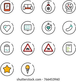 line vector icon set - parking sign vector, vip waiting area, christmas ball, snowball, heart, diagnostic monitor, stopwatch, eggplant, pulse clipboard, road for moto, cow, document, star medal