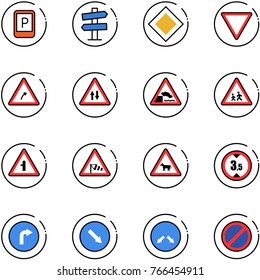 line vector icon set - parking sign vector, road signpost, main, giving way, turn right, oncoming traffic, embankment, children, intersection, side wind, cow, limited height, only, detour, no