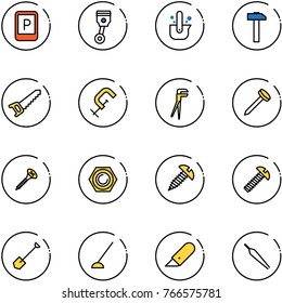 line vector icon set - parking sign vector, piston, casting of steel, hammer, saw, clamp, plumber, nail, screw, nut, shovel, hoe, work knife, forceps