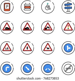 line vector icon set - parking sign vector, post, disabled, road signpost, climb, steep descent, embankment, traffic light, children, intersection, cow, only forward right, detour
