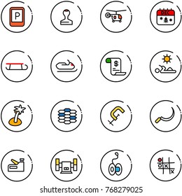 line vector icon set - parking sign vector, stamp, helicopter, christmas calendar, sleigh, snowmobile, account history, reading, palm, carbon, clamp, sickle, stapler, sharpening, yoyo, Tic tac toe