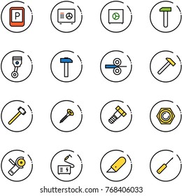 line vector icon set - parking sign vector, safe, work, piston, hammer, steel rolling, sledgehammer, screw, bolt, nut, Angular grinder, welding, knife, awl