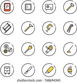 line vector icon set - parking sign vector, safe, sledgehammer, bucksaw, mason hammer, clamp, plumber, rivet, wood drill, Angular grinder, hoe, tool cabinet, rasp, work knife, allen key set