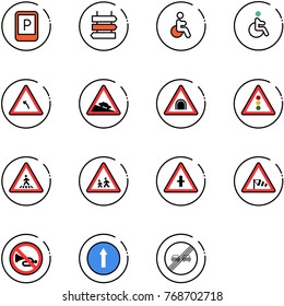 line vector icon set - parking sign vector, post, disabled, turn left road, steep descent, tunnel, traffic light, pedestrian, children, intersection, side wind, no horn, only forward