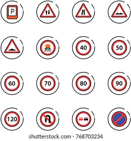 line vector icon set - parking sign vector, oncoming traffic road, narrows, rough, artificial unevenness, no dangerous cargo, speed limit 40, 50, 60, 70, 80, 90, 120, turn back, overtake