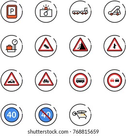 line vector icon set - parking sign vector, terrorism, baggage truck, trap, scales, multi lane traffic road, landslide, intersection, car crash, for moto, no bus, overtake, minimal speed limit, end