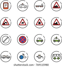 line vector icon set - parking sign vector, safety car, baggage truck, steep descent road, embankment, tractor way, tunnel, roadside, no limit, stop, electric, cabrio, wireless key, jack, toy bus