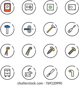 line vector icon set - parking sign vector, safe, hammer, steel rolling, mason, chisel, plumber, screw, tool cabinet, welding, rasp, allen key