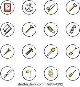 line vector icon set - parking sign vector, anchor, saw, sledgehammer, bucksaw, mason hammer, work knife, plumber, screw, wood drill, shovel, rasp, allen key, set, awl