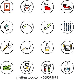 line vector icon set - parking sign vector, baby, christmas sock, sleigh, sweet pepper, cloud, highlight marker, circuit, axe, sickle, brush, sharpening, crocodile, bear toy, shovel fork, yoyo