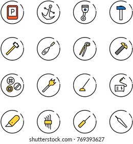 line vector icon set - parking sign vector, anchor, piston, hammer, sledgehammer, chisel, plumber, screw, rivet, wood drill, hoe, welding, work knife, allen key set, awl, forceps