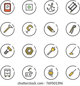 line vector icon set - parking sign vector, safe, anchor, bucksaw, mason hammer, clamp, work knife, plumber, bolt, nut, wood drill, hoe, tool cabinet, welding, allen key set, awl