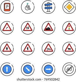 line vector icon set - parking sign vector, disabled, road signpost, main, turn right, oncoming traffic, steep descent, light, intersection, side wind, cow, only forward, detour, end speed limit