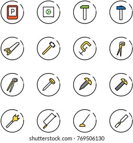 line vector icon set - parking sign vector, safe, work, hammer, saw, sledgehammer, clamp, plumber, nail, screw, wood drill, metal hacksaw, hoe, rasp