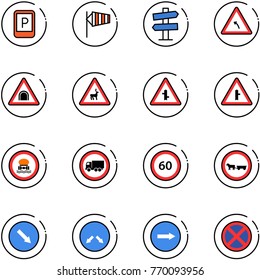 line vector icon set - parking sign vector, side wind, road signpost, turn left, tunnel, wild animals, intersection, no dangerous cargo, truck, speed limit 60, cart horse, detour, only right, stop