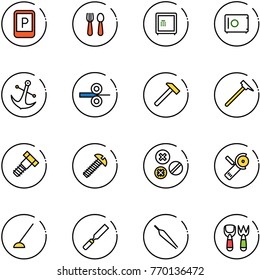 line vector icon set - parking sign vector, spoon and fork, safe, anchor, steel rolling, hammer, mason, bolt, screw, rivet, Angular grinder, hoe, rasp, forceps, shovel toy
