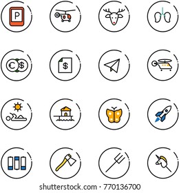 line vector icon set - parking sign vector, helicopter, christmas deer, lungs, euro dollar, account statement, paper fly, reading, bungalow, butterfly, rocket, battery, axe, farm fork