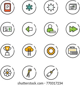 line vector icon set - parking sign vector, ambulance star, virus, statistics report, check, left arrow, user password, fast forward, win cup, cloud ladder, sun, sea hotel, flower, plumber