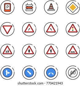 line vector icon set - parking sign vector, post, road cone, main, giving way, turn right, left, traffic light, children, intersection, rough, only forward, detour, end speed limit