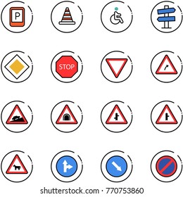 line vector icon set - parking sign vector, road cone, disabled, signpost, main, stop, giving way, turn right, climb, tunnel, intersection, cow, only forward, detour, no
