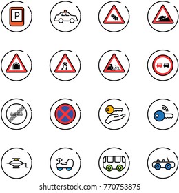 line vector icon set - parking sign vector, safety car, multi lane traffic road, climb, tunnel, slippery, gravel, no overtake, end limit, stop, key hand, wireless, jack, baby, toy bus