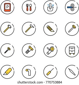 line vector icon set - parking sign vector, spoon and fork, casting of steel, rolling, sledgehammer, mason hammer, work knife, nail, screw, bolt, Angular grinder, tool cabinet, allen key, awl