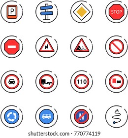 line vector icon set - parking sign vector, road signpost, main, stop, no way, abrupt turn right, gravel, prohibition, car, trailer, speed limit 110, truck overtake, circle, bus, even, trip