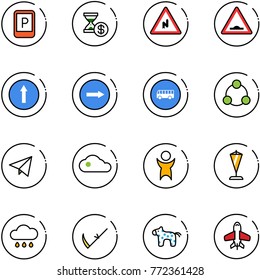 line vector icon set - parking sign vector, account history, abrupt turn right road, artificial unevenness, only forward, bus, social, paper fly, cloud, success, pennant, rain, scythe, toy horse