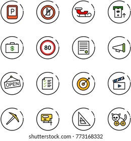 line vector icon set - parking sign vector, no mobile, sleigh, atm, money case, speed limit 80 road, agreement, speaker horn, open, list, target, movie flap, axe, jig saw, corner ruler, toy cat