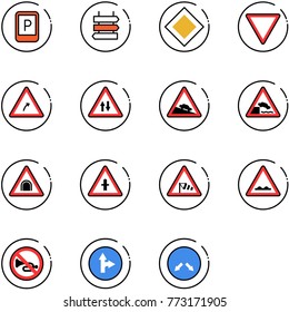 line vector icon set - parking sign vector, post, main road, giving way, turn right, oncoming traffic, steep descent, embankment, tunnel, intersection, side wind, rough, no horn, only forward