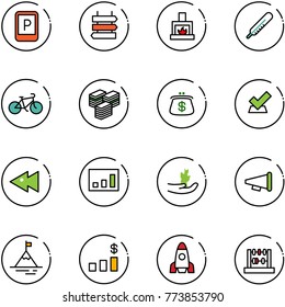 line vector icon set - parking sign vector, post, fireplace, thermometer, bike, big cash, purse, check, fast backward, statistics, hand sproute, speaker horn, mountain, dollar chart, rocket, abacus